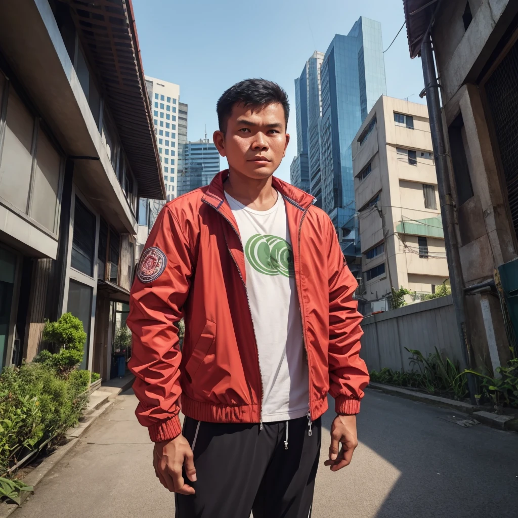 an Indonesian man wearing a jacket and standing straight facing the front. The photo was taken from a front position, urban background, the image looks like it was taken by a professional photographer.