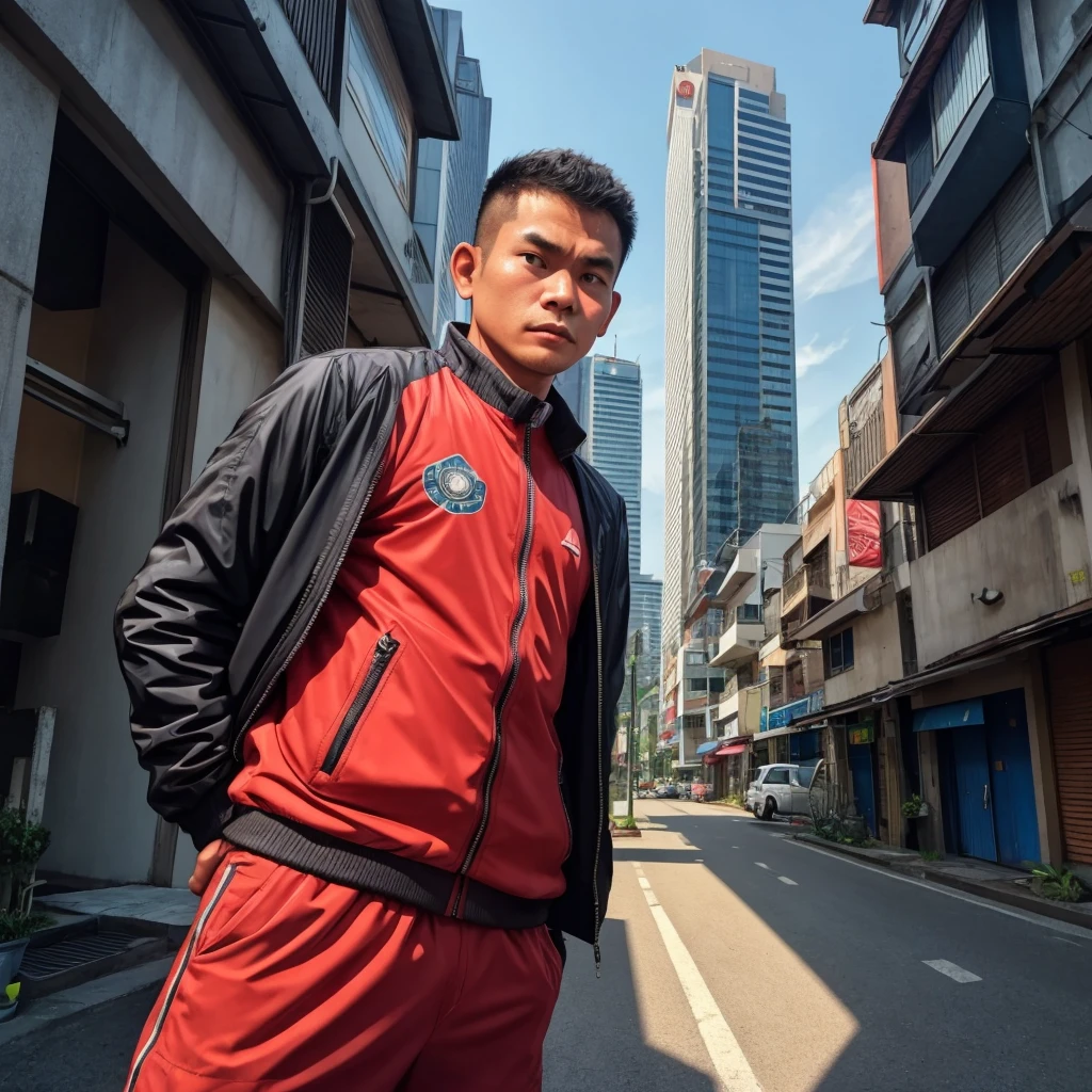 an Indonesian man wearing a jacket and standing straight facing the front. The photo was taken from a front position, urban background, the image looks like it was taken by a professional photographer.