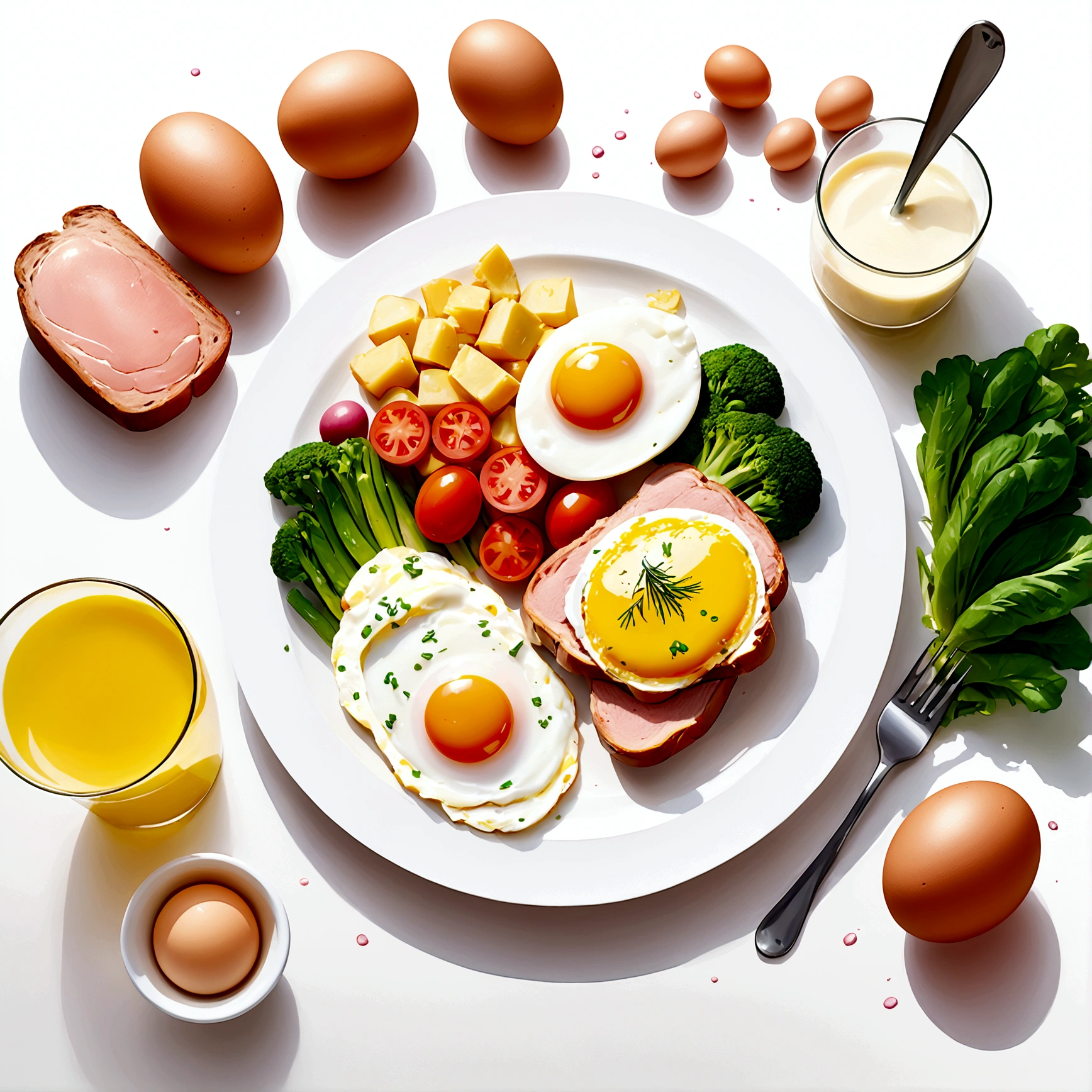 ((best quality)), ((masterpiece)), (detailed), loose water color style, minimalist, create a picture of healthy food on a plate. The food consist of, Eggs, bread, potatoes, glass of milk, meat, chicken meat, some vegetables, against brilliant white background, vibrant color, isolated white. wet water color