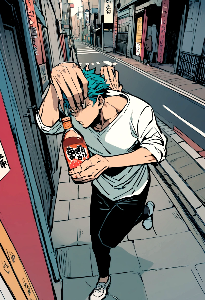 Boy is running in hurry, he is running on a street in Tokyo Japan, his hand is taking Butadon Sauce for Japanese food, show his hand takes a bottle Butadone sauce