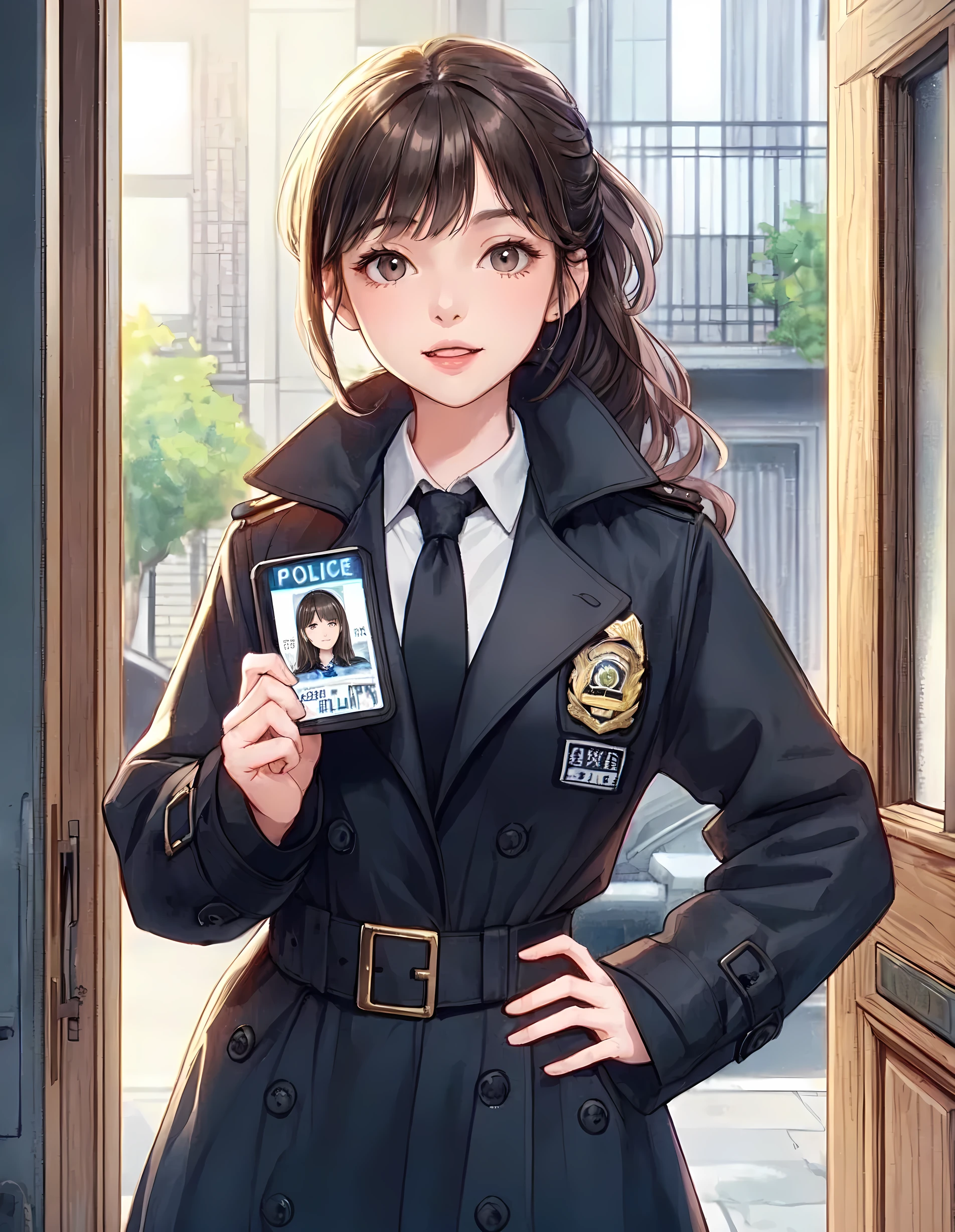 1lady standing, ((showing police badge:1.1) with photo ID) to viewers, female detective, police, (black trench coat) over business suit, (mature female:0.8), /(gray brown hair/) bangs, speaking, (light smile:0.4), (open mouth:0.6), (masterpiece best quality:1.2) delicate illustration ultra-detailed, large breasts BREAK (apartment entrance) outdoors, (open door), residential area, detailed background