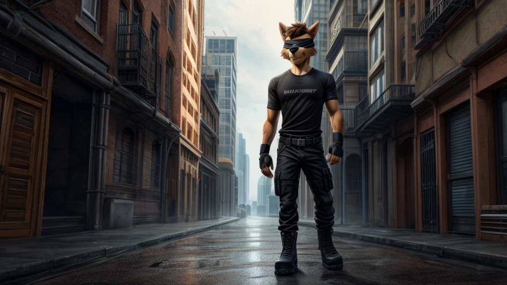 Chase from Paw Patrol, male shepherd, anthro, brown hair, blindfold, black shirt, black cargo pants, black boots, fingerless black gloves, standing, slim, tall, cold serious, detailed, solo, beautiful, high quality, 4K