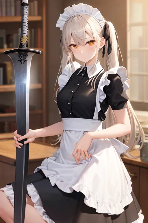 (((Ultra HD))), (((super high quality))), (((detailed))), (((Attention to detail)))
Maid clothes, (((Normal collar, 白と黒のMaid clothes, Short sleeve, Long skirt))), ribbon, Headband, White apron, Classic, Gothic Dress(Fashionable clothes)
Maid clothesを着て剣と盾を持っている一人の女性, ((Holding a Western sword)), The face is cute, He&#39;s posing coolly., (whole body), (((battlefield))), ((The background is the wilderness)), A place with lots of rocks