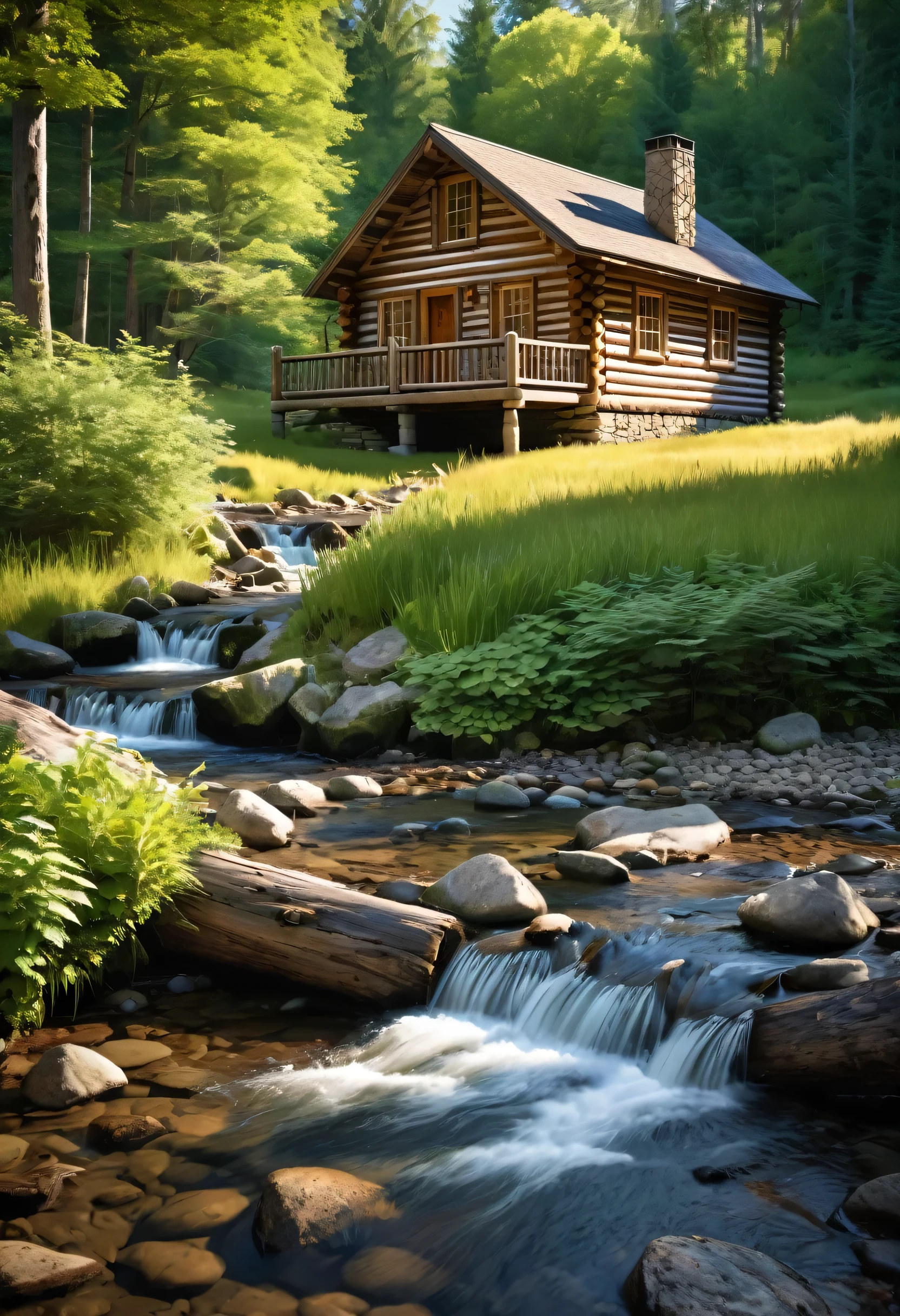 A charming log cabin, nestled amidst a serene forest, stands proudly by a babbling brook. Sunlight filters through the trees, casting warm shadows on the weathered wood, creating a sense of peace and tranquility.