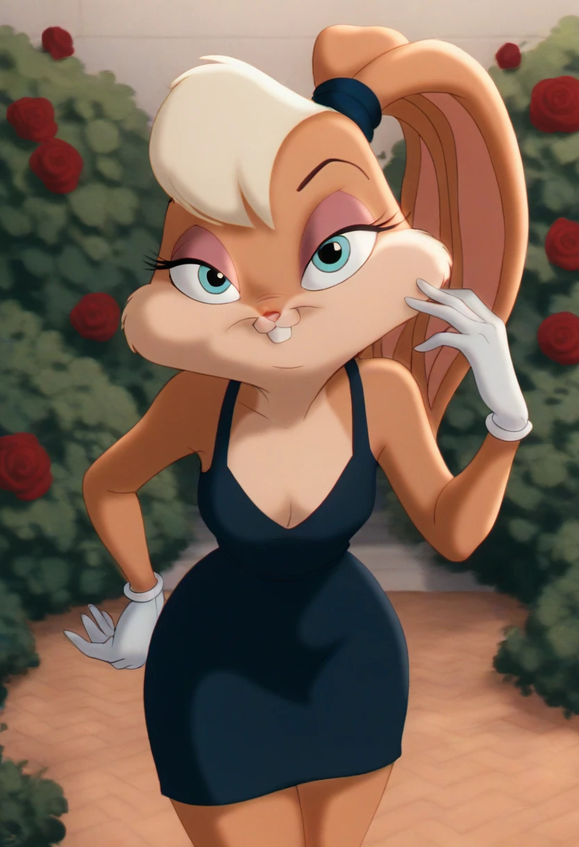 lolabunny, 1girl, solo, furry female, rabbit ears, rabbit girl, animal nose,white gloves,  blue eyes, body fur, standing, tail, buck teeth,cowboy shot,smile,looking at viewer, rose garden, score_9, score_8_up, score_7_up, score_6_up, score_5_up, score_4_up   , sexy black gown