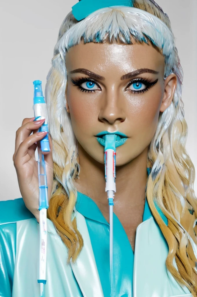 a nurse holding syringe filled with liquid, wearing latex nurse dress, latex mask over mouth and nose, latex gloves, auburn hair, beautiful detailed eyes, extremely detailed eyes and face, long eyelashes, medical room, clean white background, ultra-detailed, 8k, highres, masterpiece, photorealistic, photo-realistic, studio lighting, physically-based rendering, extreme detail description, vivid colors, bokeh