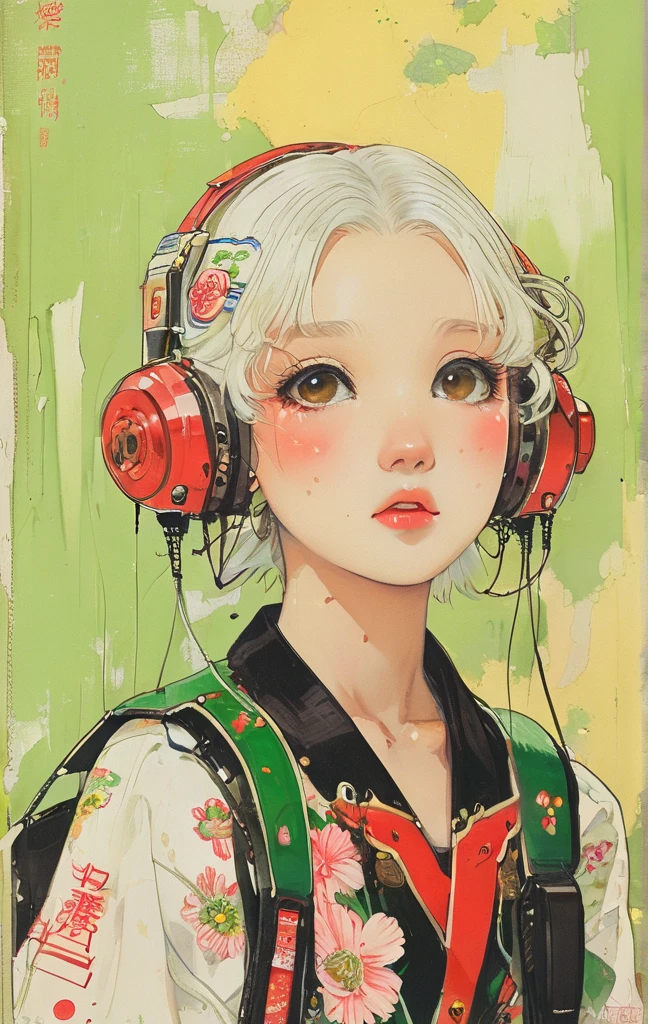 On a bright red campus"YES"Character、(masterpiece, best quality:1.2), 1 girl, Solitary，anime style，White hair, Girl with pink lips and light floral earrings puts finger on mouth，With the style of a top portrait painter, Yellow-green background.