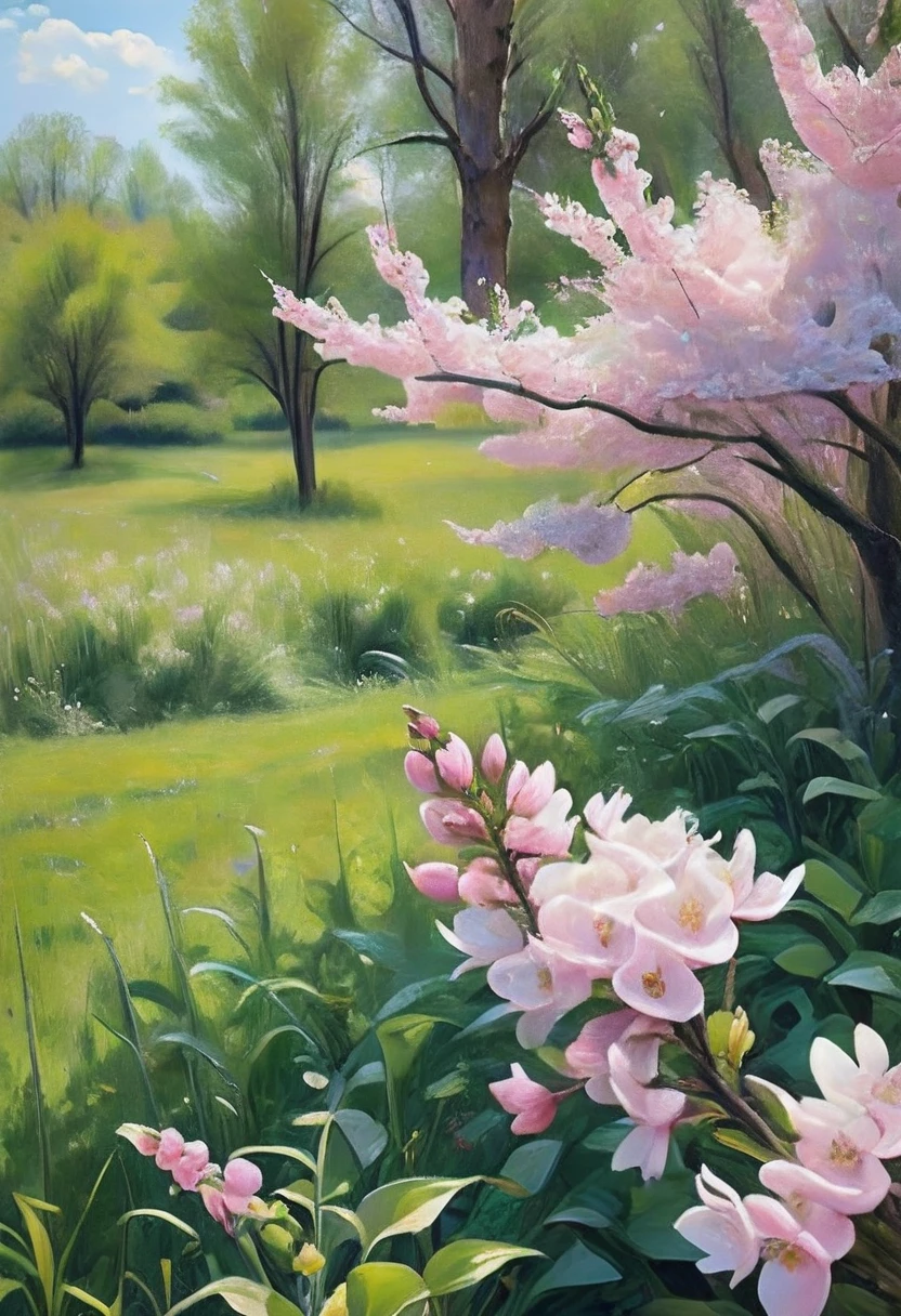 (Masterpiece, Top Quality, Best Quality, Official Art, Beautiful and Aesthetic:1.2), Spring landscape paintings depict scenes of nature in spring, often featuring budding flowers, green meadows, and budding trees. These paintings are done in a bright and colorful palette and are known for their lively and cheerful atmosphere.