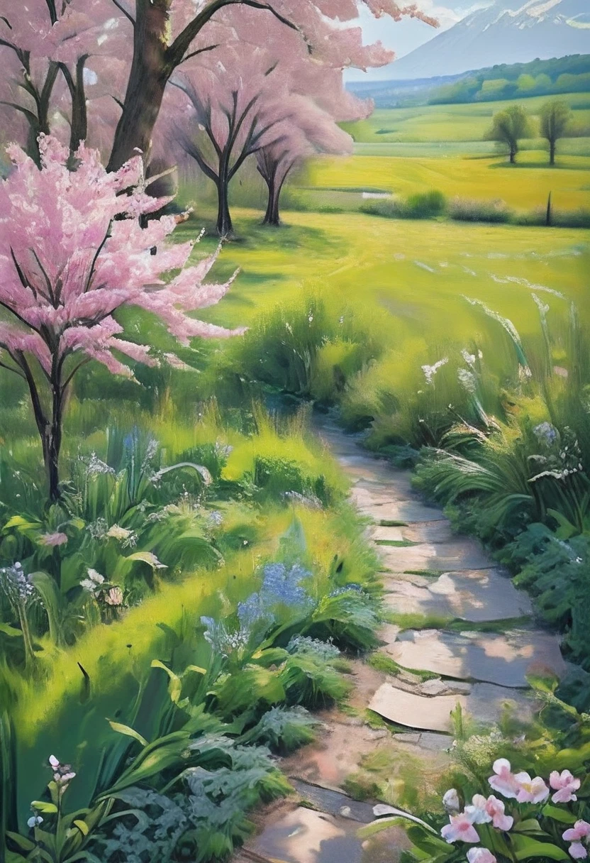 (Masterpiece, Top Quality, Best Quality, Official Art, Beautiful and Aesthetic:1.2), Spring landscape paintings depict scenes of nature in spring, often featuring budding flowers, green meadows, and budding trees. These paintings are done in a bright and colorful palette and are known for their lively and cheerful atmosphere.