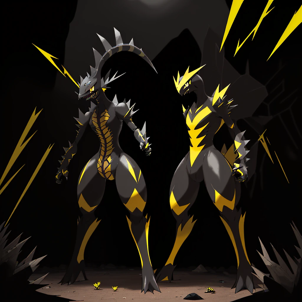pokemon fish, evolved, Yellow eyes, Sharp teeth, legendary, rocky looking, skin colored underneath, black with yellow on top, black stripes on the upper part of the body, pointed tail, arms with thorns, thick thighs, long legs, Alone, standing in the middle of a forest