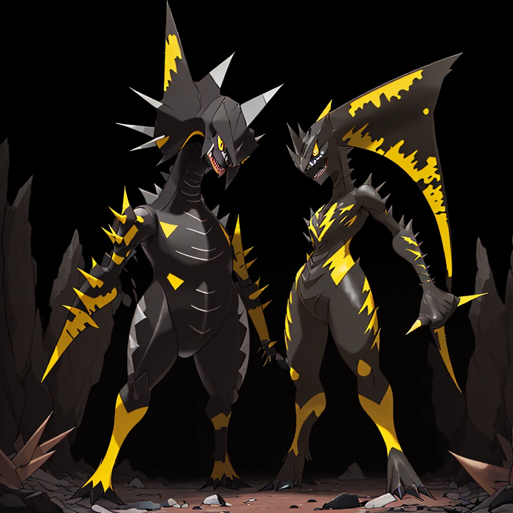 pokemon fish, evolved, Yellow eyes, Sharp teeth, legendary, rocky looking, skin colored underneath, black with yellow on top, black stripes on the upper part of the body, pointed tail, arms with thorns, thick thighs, long legs, Alone, standing in the middle of a forest