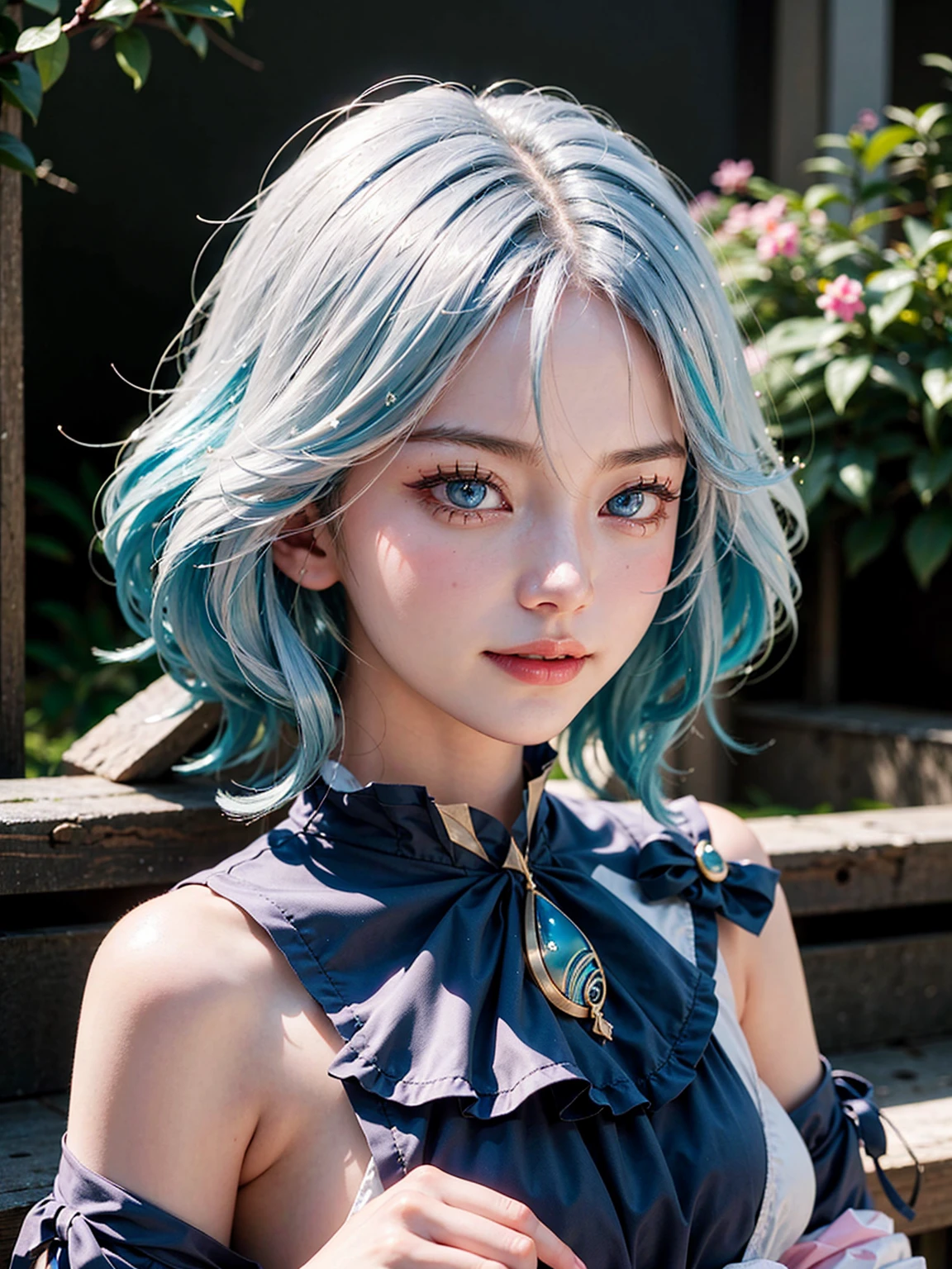 Furina from Genshin Impact, 18 years old girl, (Raw photo, Best Quality), (Realistic, Photorealsitic:1.3), masterpiece, Extremely delicate and beautiful, Soft light, (beautiful white and blue hair, Shoulder-length straight hair swaying in the wind), Beautiful detailed girl, (Detailed fingers), extremely detailed eye and face, beautiful detailed nose, Beautiful detailed eyes, 1 girl, Japanese, Neat and clean beauty, Cute, young, (big breasts), Realistic face, Realistic body, cute smile