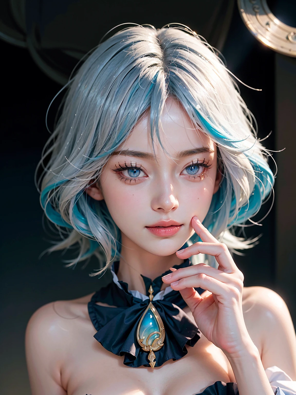 Furina from Genshin Impact, 18 years old girl, (Raw photo, Best Quality), (Realistic, Photorealsitic:1.3), masterpiece, Extremely delicate and beautiful, Soft light, (beautiful white and blue hair, Shoulder-length straight hair swaying in the wind), Beautiful detailed girl, (Detailed fingers), extremely detailed eye and face, beautiful detailed nose, Beautiful detailed eyes, 1 girl, Japanese, Neat and clean beauty, Cute, young, (big breasts), Realistic face, Realistic body, cute smile