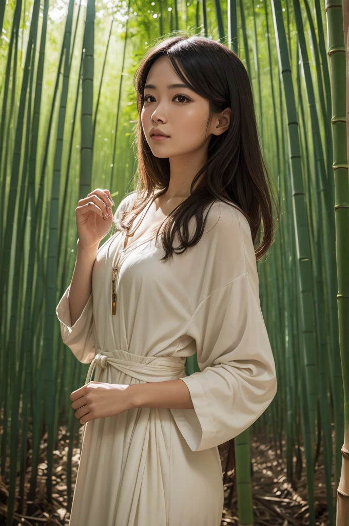 Woman in a bamboo forest extending her hand