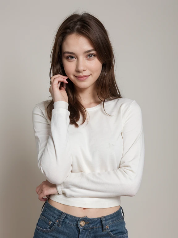 a russian women 25 years old, crewneck, jean pant, white background, portrait, 8k, hyperdetailed, cute smile, pose like model, perfect eyes, 3/4 body