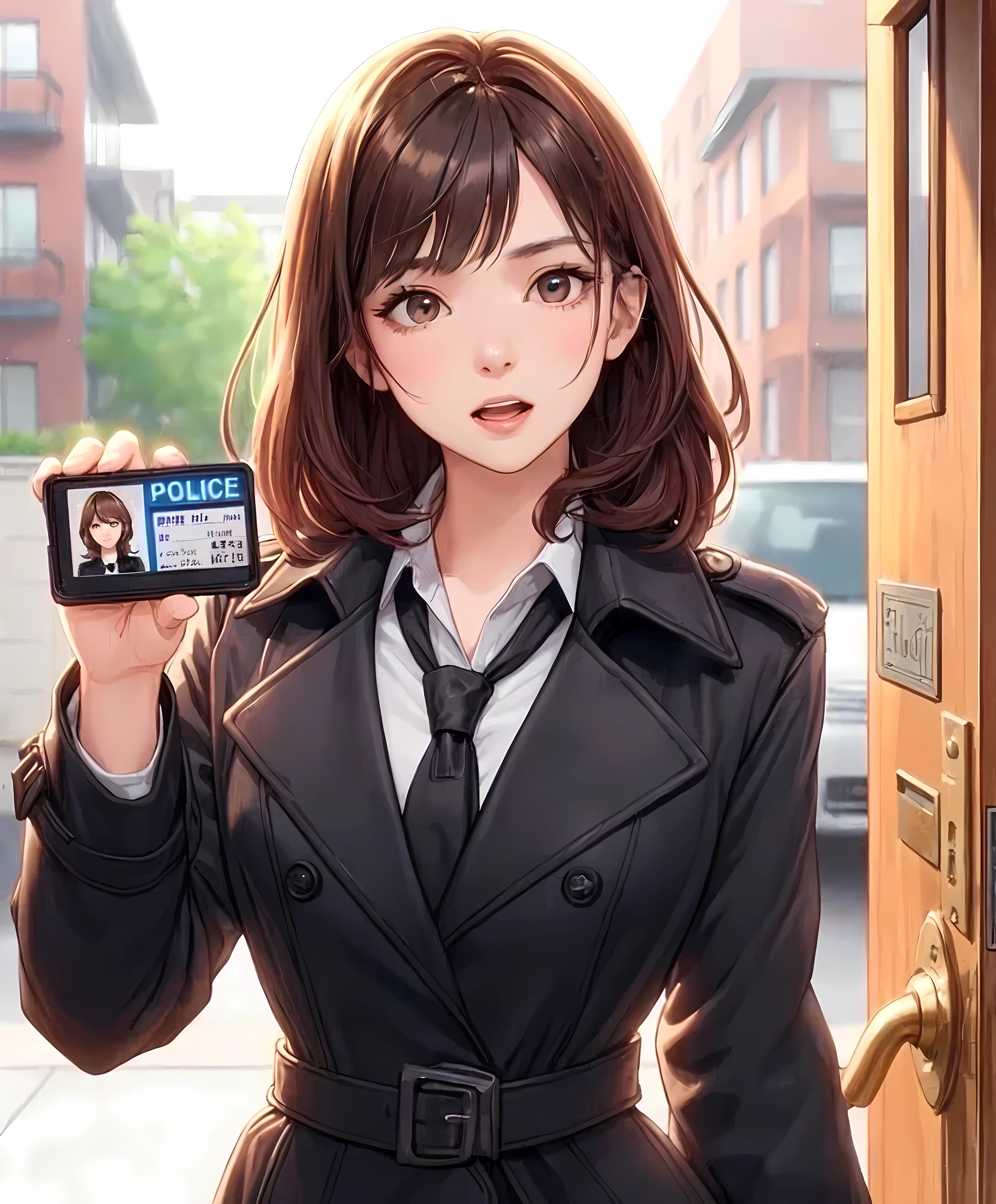 1lady standing, ((showing police badge:1.1) with photo ID) to viewers, female detective, police, (black trench coat) over business suit, (mature female:0.8), /(light brown hair/) bangs, (speaking with serious expression), (open mouth:0.8), (masterpiece best quality:1.2) delicate illustration ultra-detailed, large breasts BREAK (apartment entrance) outdoors, (open door), residential area, detailed background