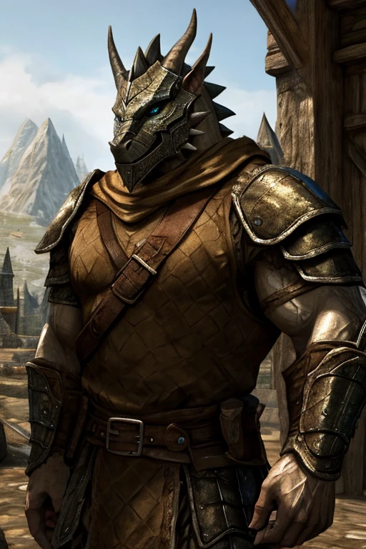 A large attractive muscular male Anthro Platinum dragon  Massive guy, extremely muscular, looks protective and possessive,, seductive, wearing spiky armor, large muscles, big, bara, in Whiterun Guard armor, White scales, Guard, Skyrim guard armor, Skyrim Guard, Whiterun,