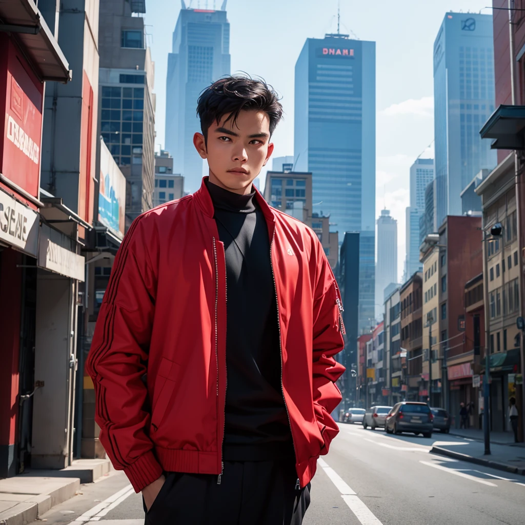 an Indonesian man wearing a jacket and standing straight facing the front. The photo was taken from a front position, urban background, the image looks like it was taken by a professional photographer.