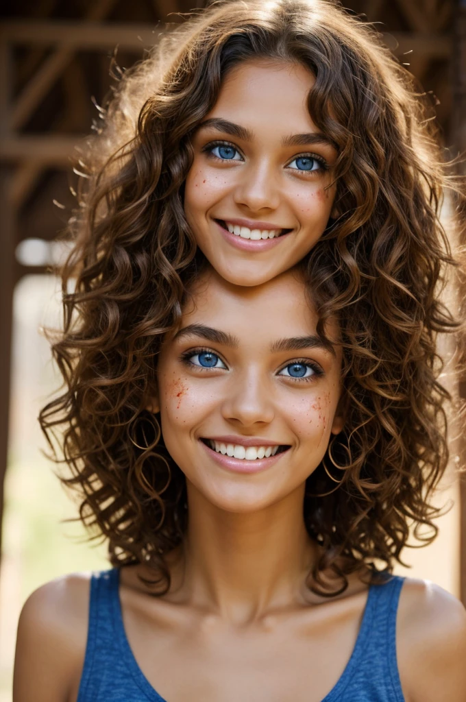 Slim woman face, light brown skin color, large eyes, blue eyes, smiling eyes, splattered nose, long light brown hair, curly hair, small mouth, long thin neck