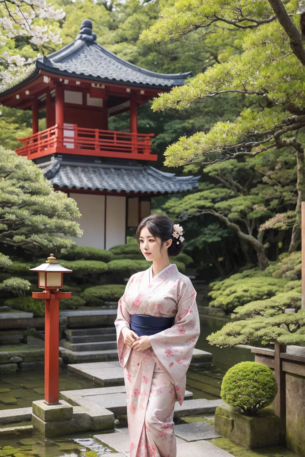 beautiful woman in traditional japanese kimono,(Very large breasts), elegant and graceful, standing in a tranquil japanese shrine surrounded by lush nature, (best quality,4k,8k,highres,masterpiece:1.2),ultra-detailed,(realistic,photorealistic,photo-realistic:1.37),cinematic lighting,looking at viewer,intricate floral patterns,ornate hair ornaments,delicate facial features,soft lighting,cherry blossom trees,pagoda in the distance,stone lanterns,mossy rocks,serene atmosphere