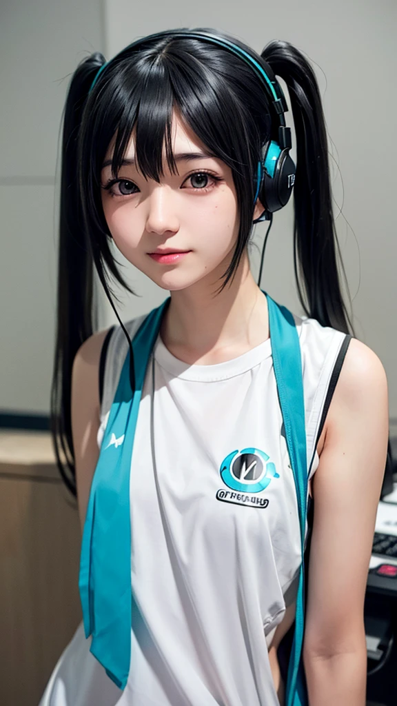 Hatsune Miku Cosplay、Black Hair、Short Hair、The hair is very short、Twintails、I have headphones on、40 years old、Singing on a microphone、flat chest、Realistic photos、Realistic、8K quality、No bangs、The background is simple、Full body shot