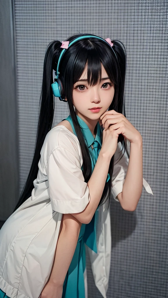 Hatsune Miku Cosplay、Black Hair、Short Hair、The hair is very short、Twintails、I have headphones on、40 years old、Singing on a microphone、flat chest、Realistic photos、Realistic、8K quality、No bangs、The background is simple、Full body shot