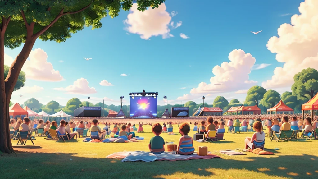 Open air music festival on a sunny day, pixar drawing style