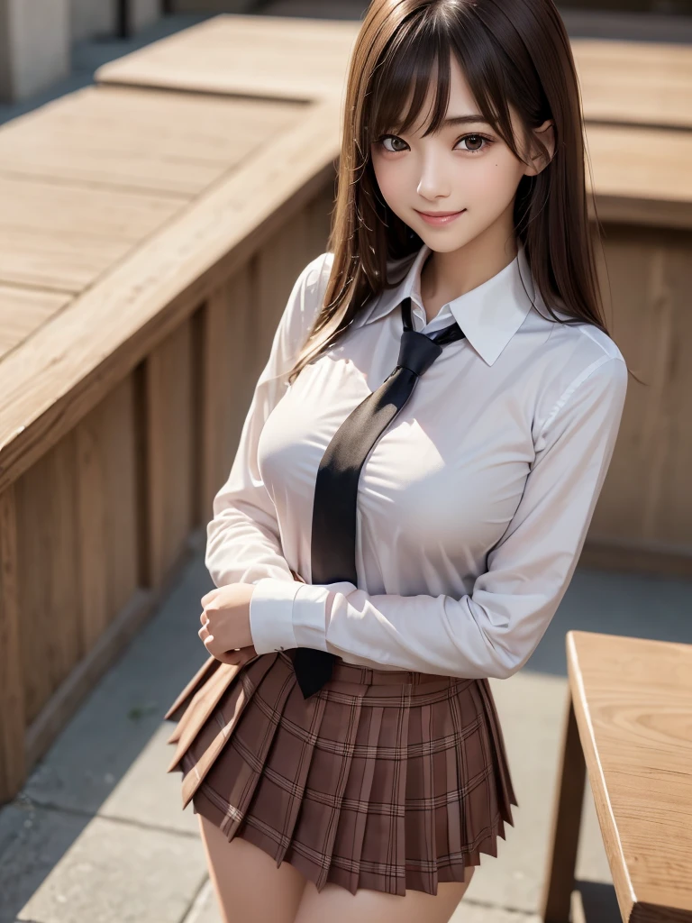 8K, Highest quality, The real picture, Intricate details, Very detailed, Ultra-high resolution, Depth Field,(Realistic,Realistic:1.2),Tabletop , ((Full Body Shot)) , ((Long, slender legs)), 1 girl, eye_Chan, Very beautiful  girl, innocent big eyes,、Beautiful breasts:1.5、非常に詳細なeye:1.2)、(Beautiful breasts:1.1)、((Brown Hair))、(Long Bob Hair), Asymmetrical bangs, Perfect Skin, Fair skin, Small breasts, Tight waist, alone, Staring at the audience, (smile)、((School_uniform), (White shirt、Wear a tie), (Pink checkered pleated micro mini skirt), ((Fold your arms in front of your chest and act arrogantly)), ((楽しそうなsmile)), ((Perfect hand shape))