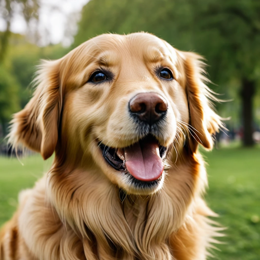 masterpiece, ultra realistic, UHD, 4k, a picture of a happy golden retriever face, in a park. sharp focus, blurred background

