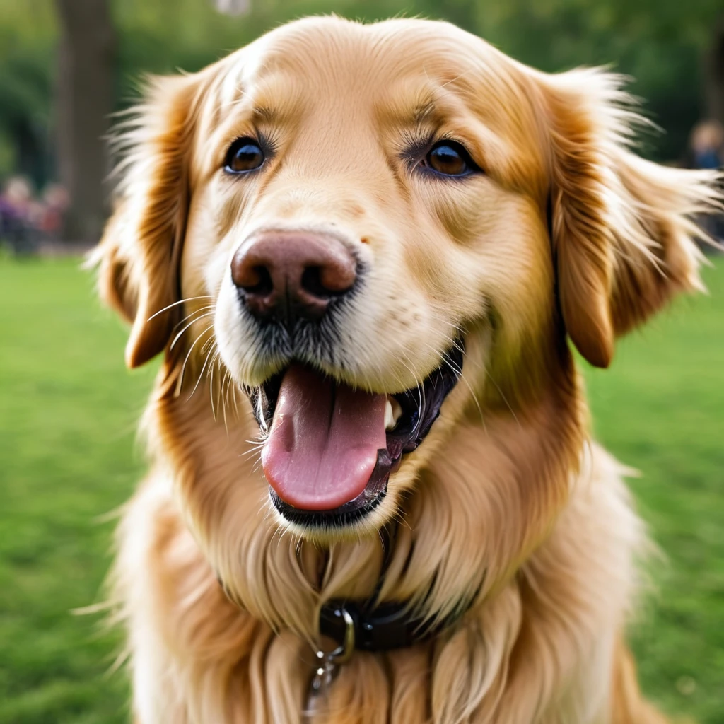masterpiece, ultra realistic, UHD, 4k, a picture of a happy golden retriever face, in a park. sharp focus, blurred background