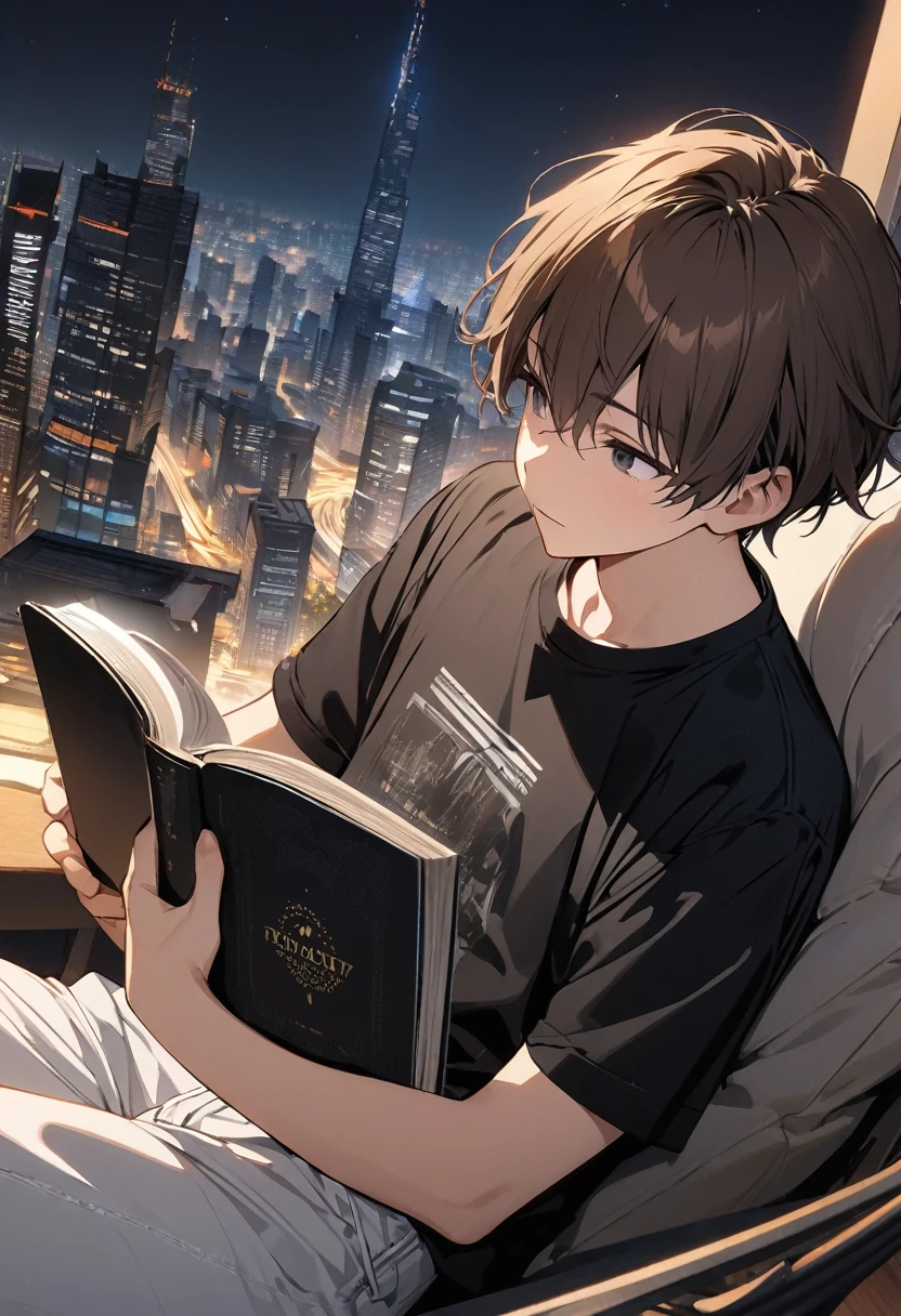 (BEST QUALITY), (MASTERPIECE), illustration, Extremely_detail, 4k wallpaper , midnight, man, white jacket, black T-shirt, white jeans, 18 years old , brown Hair, short hair, black eyes, , reading a book, black book, smart, Background of the city