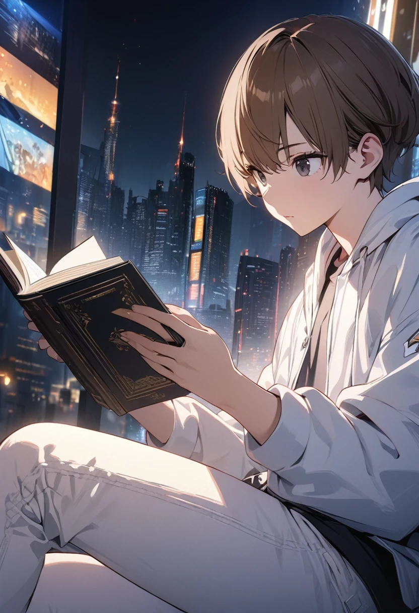 (BEST QUALITY), (MASTERPIECE), illustration, Extremely_detail, 4k wallpaper , midnight, man, white jacket, black T-shirt, white jeans, 18 years old , brown Hair, short hair, black eyes, , reading a book, black book, smart, Background of the city
