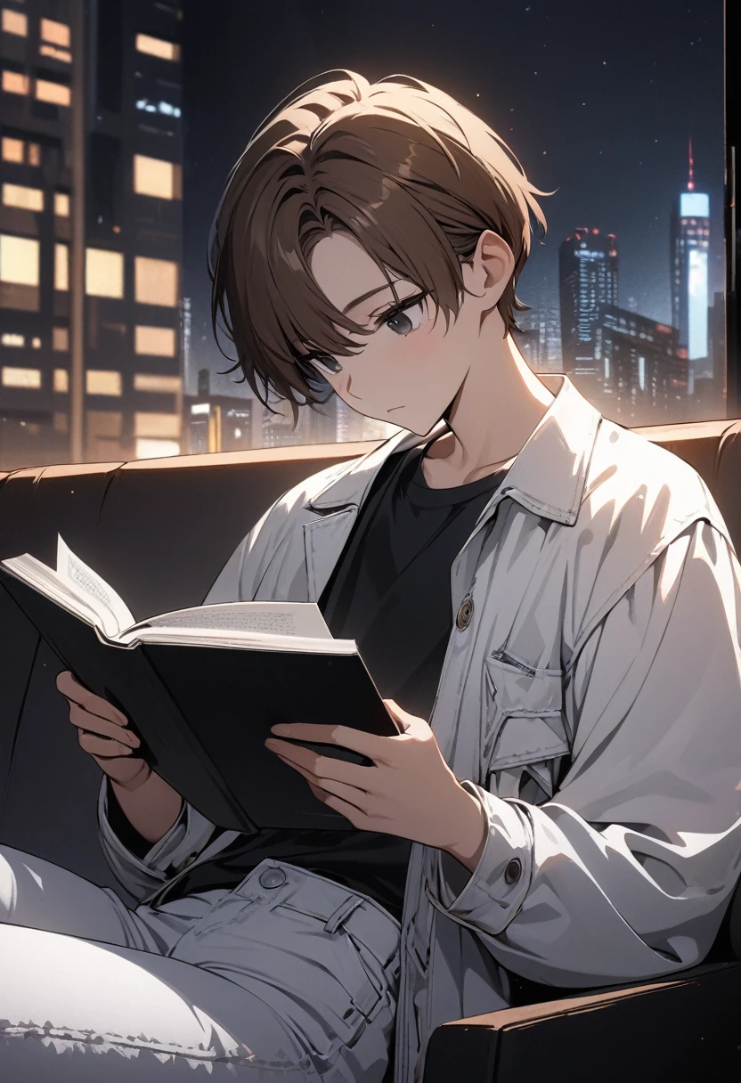 (BEST QUALITY), (MASTERPIECE), illustration, Extremely_detail, 4k wallpaper , midnight, man, white jacket, black T-shirt, white jeans, 18 years old , brown Hair, short hair, black eyes, , reading a book, black book, smart, Background of the city