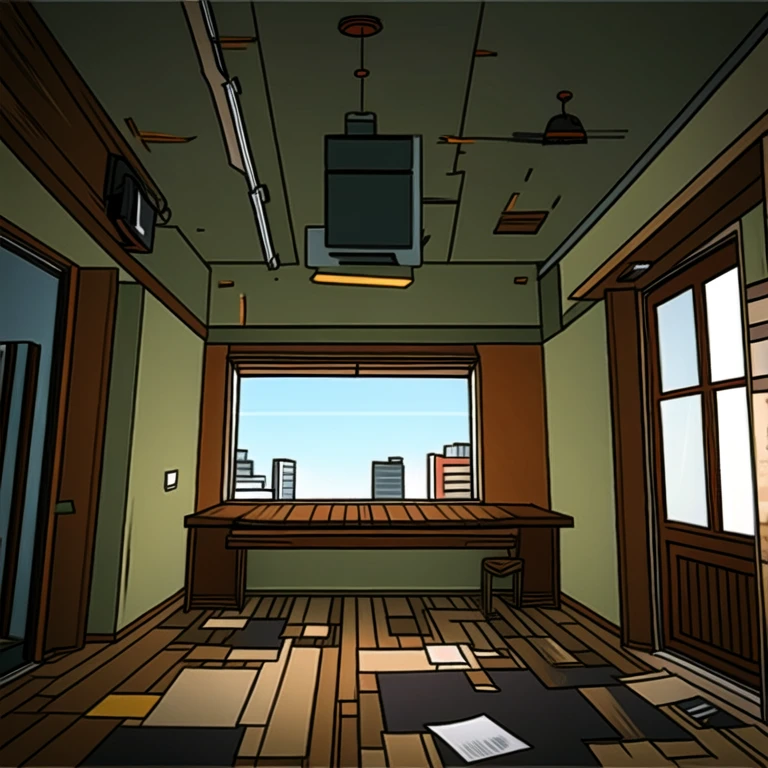 abandoned office with a broken desk, and broken windows, with a lamp on the ceiling and open door