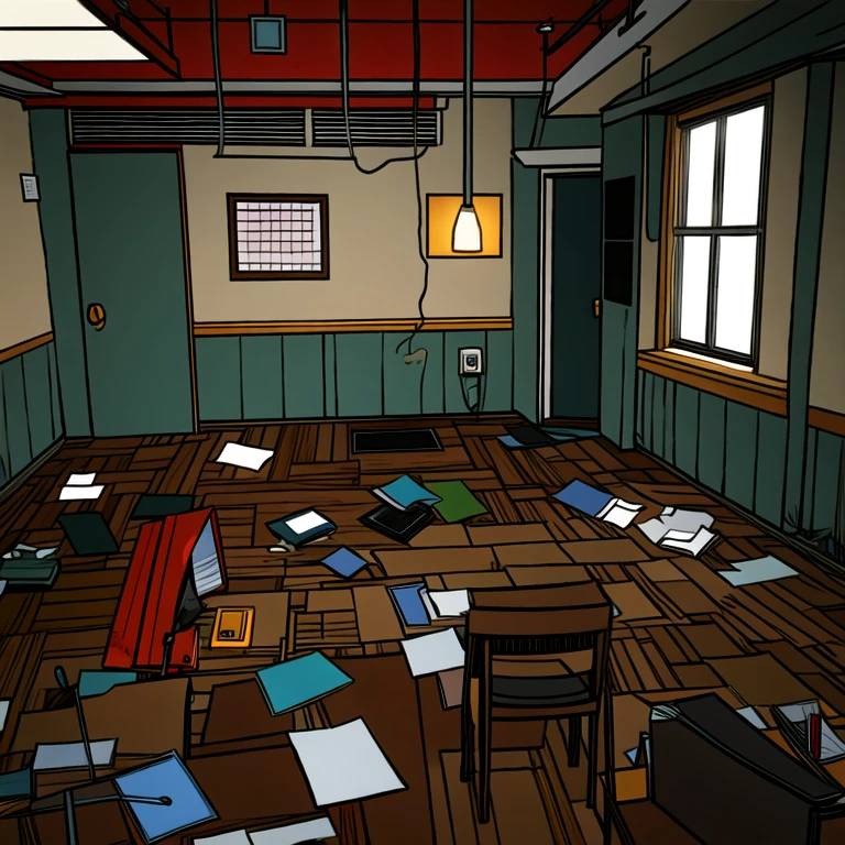 abandoned office with a broken desk, and broken windows, with a lamp on the ceiling and open door