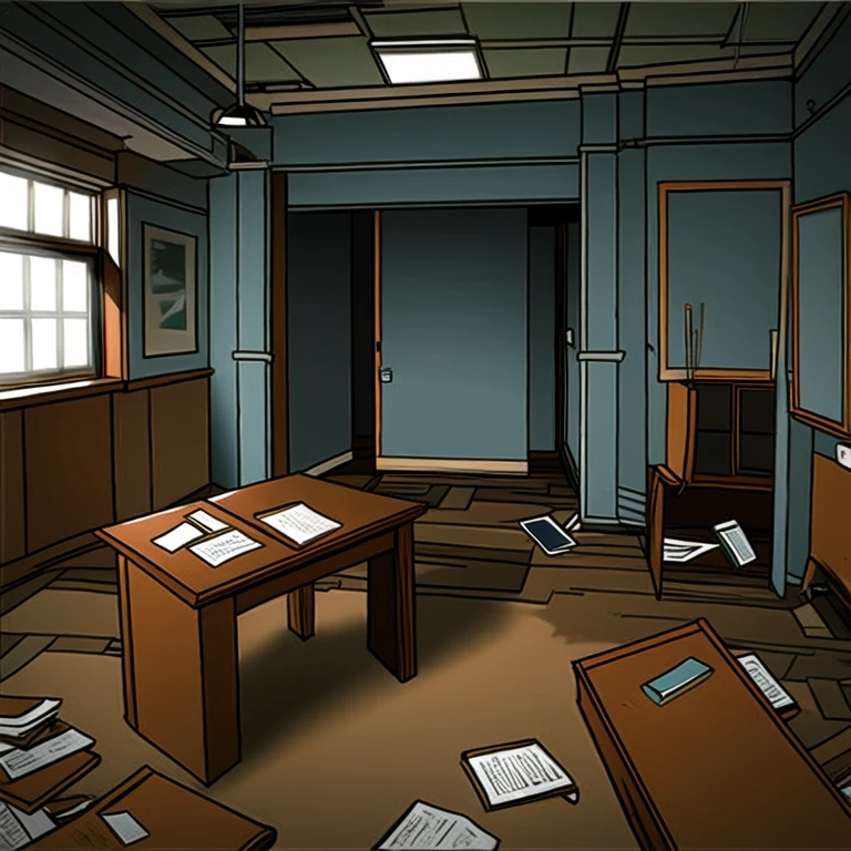 abandoned office with a broken desk, and broken windows, with a lamp on the ceiling and open door