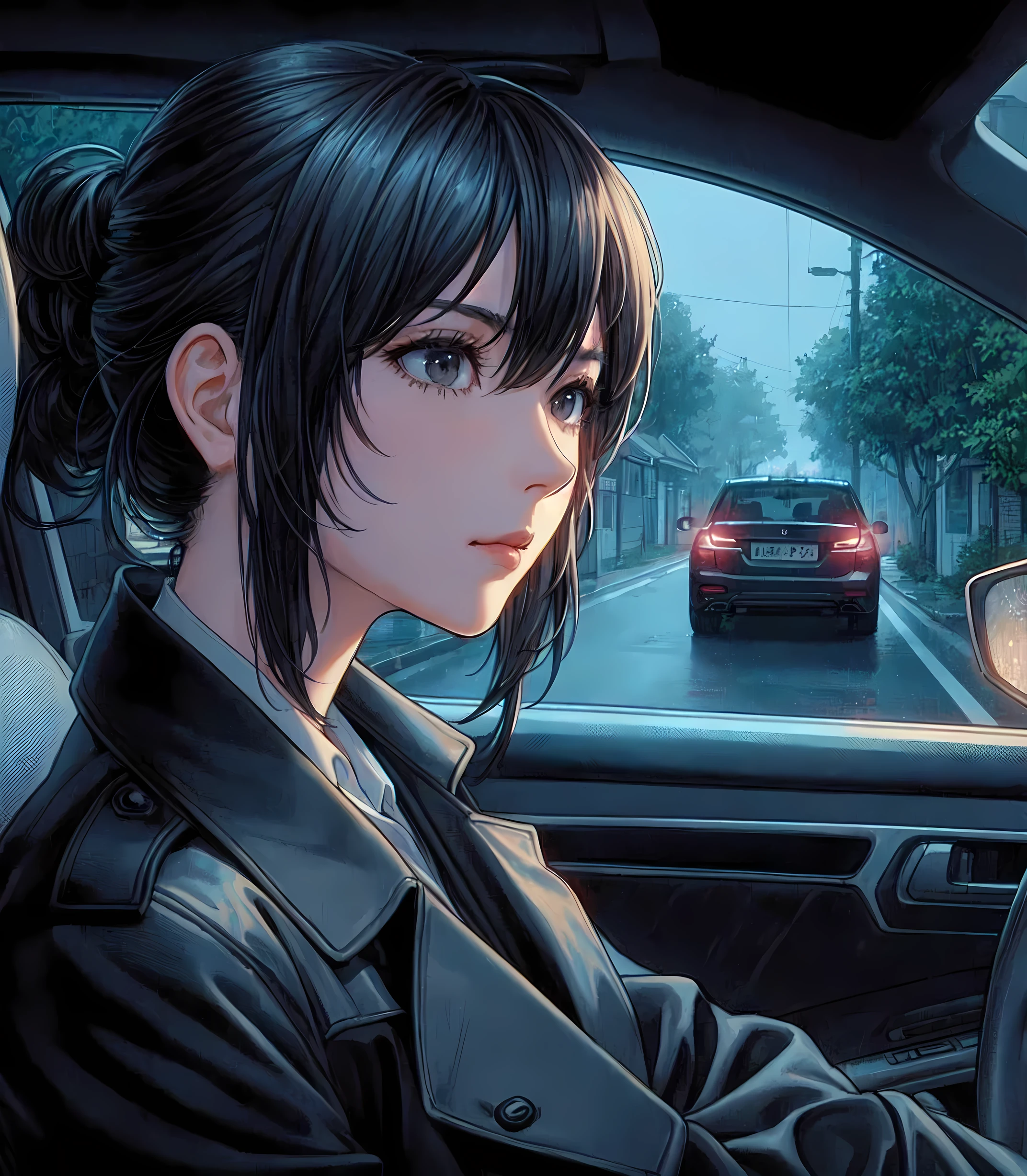 1lady sitting, from side, (sitting on car seat), female detective, police, (black trench coat) over business suit, (mature female:0.8), /(black hair/) bangs, (staring into the distance), (light smile:0.4), (facing away), (masterpiece best quality:1.2) delicate illustration ultra-detailed, large breasts, (quiet residential streer) outdoors, (in car), night, (parked car), detailed background