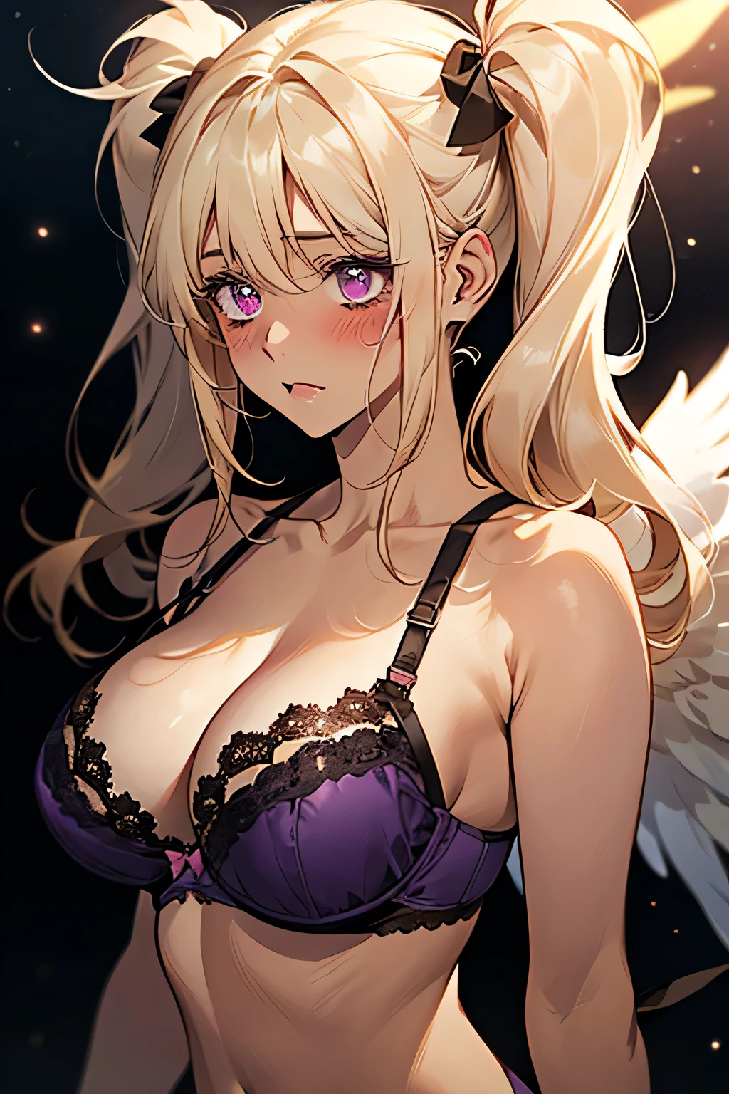 Twin tails,((bionde)),((Embarrassing)),((Blush 1.5))Purple eyes,Large ,Dark purple bra,((Brown Skin:1.5)),Angel wings. Las Vegas night view in the background,night.