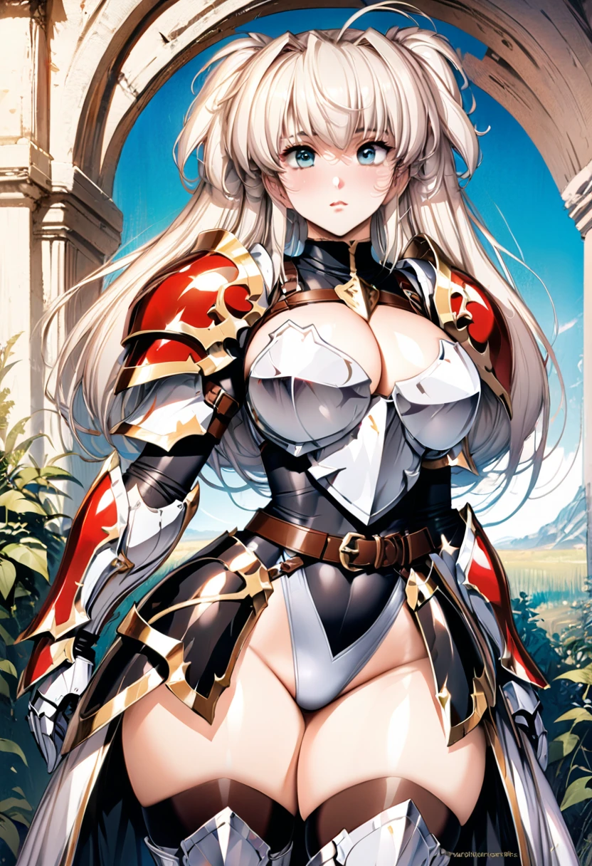 ((highest quality)), ((masterpiece)), ((hyperrealistic)), (detailed background), solo, 1girl, ((curvy: 1.2)), kawaii, ((armored dress: 1.3)), langrisser, silver long twin tail hair, Ahoge, (paladin magic armor), ((black tight-fitting leotard bodysuit)), ((huge breasts)), ((arm guard gauntlet)), (metal harness breastplate), body harness, belt waist armor, ((zettai ryouiki knee socks boots)), (big butt), (cleavage cutout), (Groin), (thighs), beautiful aqua eyes, droopy eyes, perfect face, Perfect hands, perfect fingers, Blue sky and grassland, posing, elegant pose