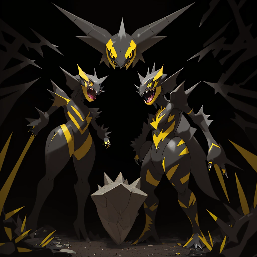 pokemon, evolved, Yellow eyes, Sharp teeth, legendary, rocky looking, skin colored underneath, black with yellow on top, black stripes on the upper part of the body, pointed tail behind, arms with thorns, thick thighs, long legs, alone standing in the middle of a forest, female, smiling maliciously, 3 fingers on hands, 2 claws on feet, small waist, Wide hips, small breasts, covered in black armor, gray body