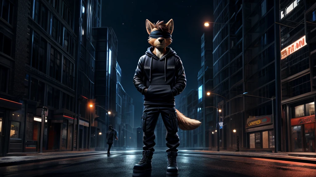 Chase from Paw Patrol, male shepherd, anthro, brown hair, blindfold, black jacket with hoodie, black shirt, black cargo pants, black boots, fingerless black gloves, standing, slim, tall, cold serious stare, detailed, solo, beautiful, high quality, night, dark lighting, city, 4K