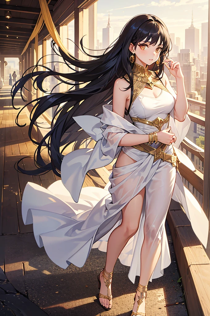 20 years old, with long black hair down to her waist, golden eyes. She wears jewelry and dresses in an antique style, donning a long white dress with golden details. She wears elegant gladiator sandals. She possesses golden powers and has a golden-themed background. 