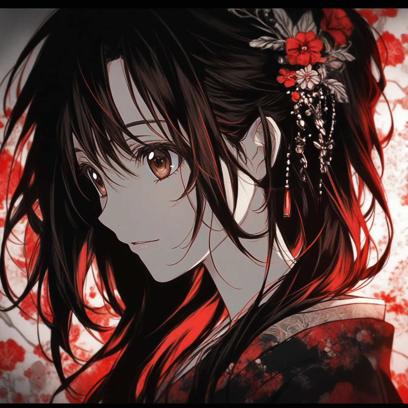 Beautiful anime portrait,Red monochrome,Oriental Wallpaper,Pink,Feeling,very anime style,1girl, Asuna, Sword Art Online,Flowers,Close-up,Soft Light,Rich in details,The expression is firm,Kimono decoration,Background blur,Vivid colors,情Feeling深沉,front,Brown eyes