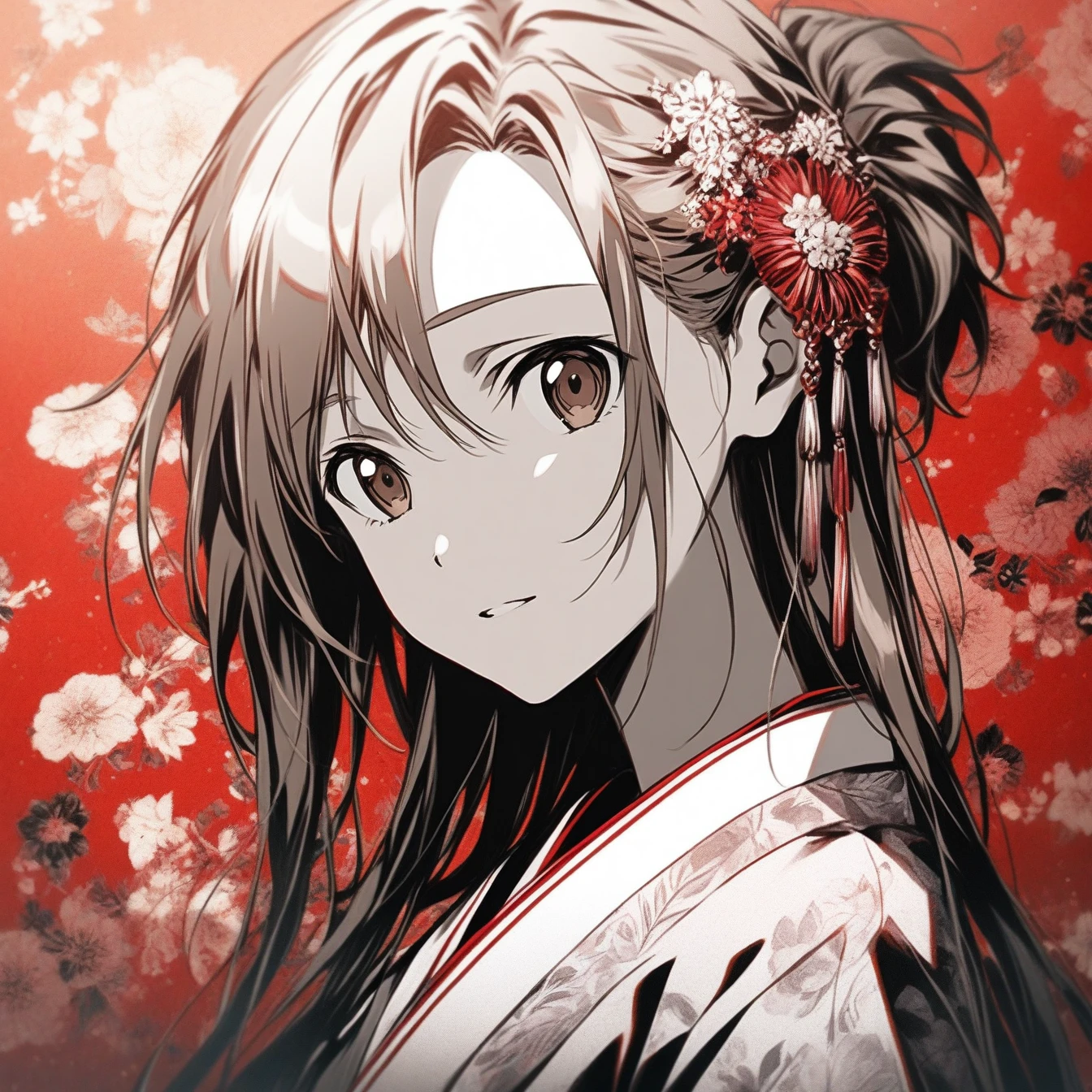 Beautiful anime portrait,Red monochrome，Oriental Wallpaper，Pink，Feeling，very anime style，1girl, Asuna, Sword Art Online，Flowers，Close-up，Soft Light，Rich in details，The expression is firm，Kimono decoration，Background blur，Vivid colors，情Feeling深沉，front，Brown eyes