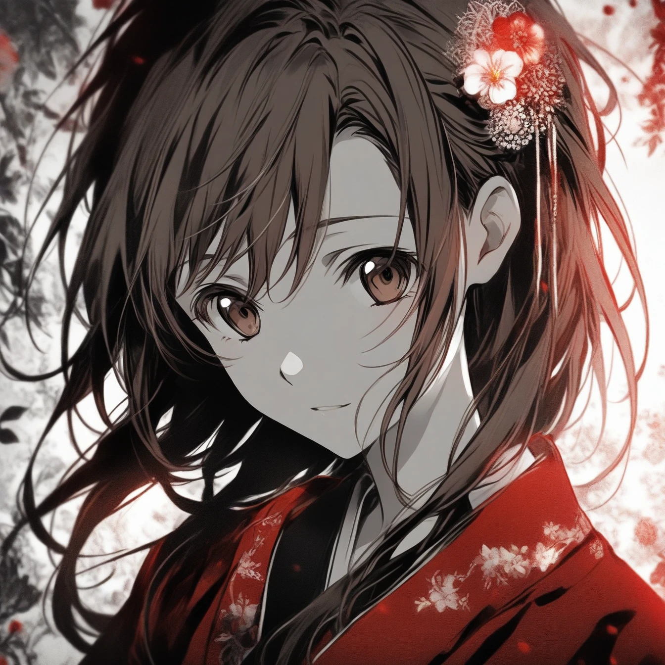 Beautiful anime portrait,Red monochrome，Oriental Wallpaper，Pink，Feeling，very anime style，1girl, Asuna, Sword Art Online，Flowers，Close-up，Soft Light，Rich in details，The expression is firm，Kimono decoration，Background blur，Vivid colors，情Feeling深沉，front，Brown eyes
