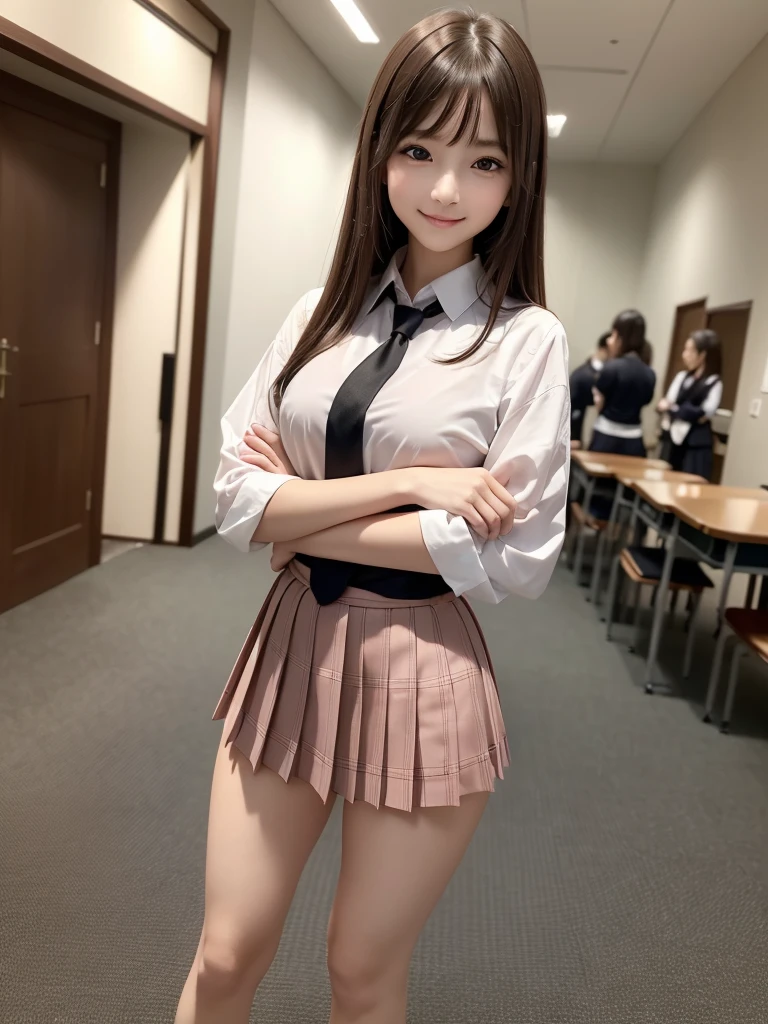 8K, Highest quality, The real picture, Intricate details, Very detailed, Ultra-high resolution, Depth Field,(Realistic,Realistic:1.2),Tabletop , ((Full Body Shot)) , ((Long, slender legs)), 1 girl, eye_Chan, Very beautiful  girl, innocent big eyes,、Beautiful breasts:1.5、非常に詳細なeye:1.2)、(Beautiful breasts:1.1)、((Brown Hair))、(Long Bob Hair), Asymmetrical bangs, Perfect Skin, Fair skin, Small breasts, Tight waist, alone, Staring at the audience, (smile)、((School_uniform), (White shirt、Wear a tie), (Pink checkered pleated micro mini skirt), ((Fold your arms in front of your chest and act arrogantly)), ((楽しそうなsmile)), ((Perfect hand shape))