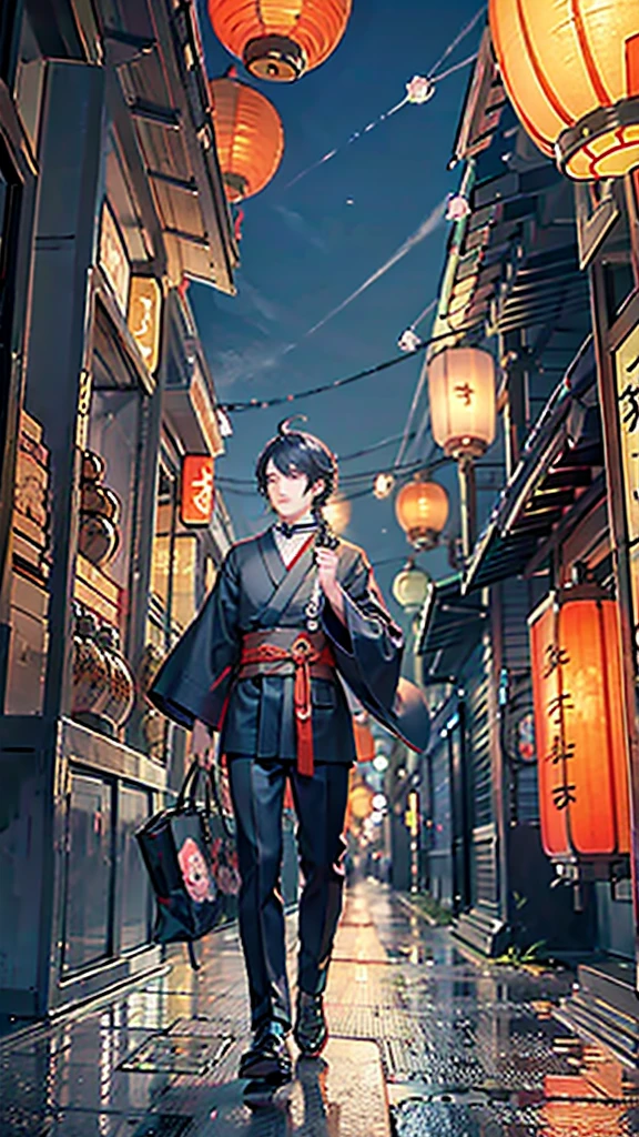 Man holding a smoking pipe,Japanese style architecture,night,Lantern,Busy places