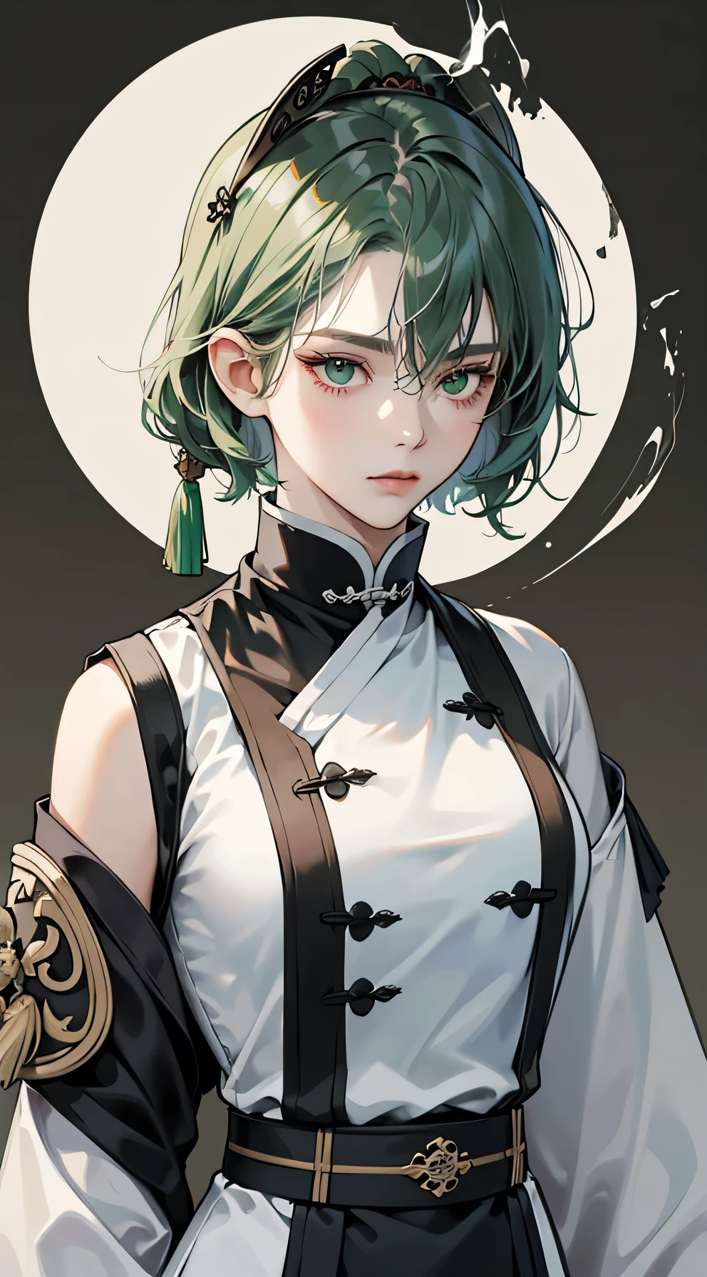 Masterpiece, Best quality, 1 Female, Mature Woman, Elder Sister, Royal Sister, Cold Face, strong, green eyes, short hair, smoky color hair, resolute eyes, simple white Taoist Taoist uniform, black accessories, sarashi, one shoulderancient, cigarette, wear sunglasses, Chinese mix morden, blank background, remove background