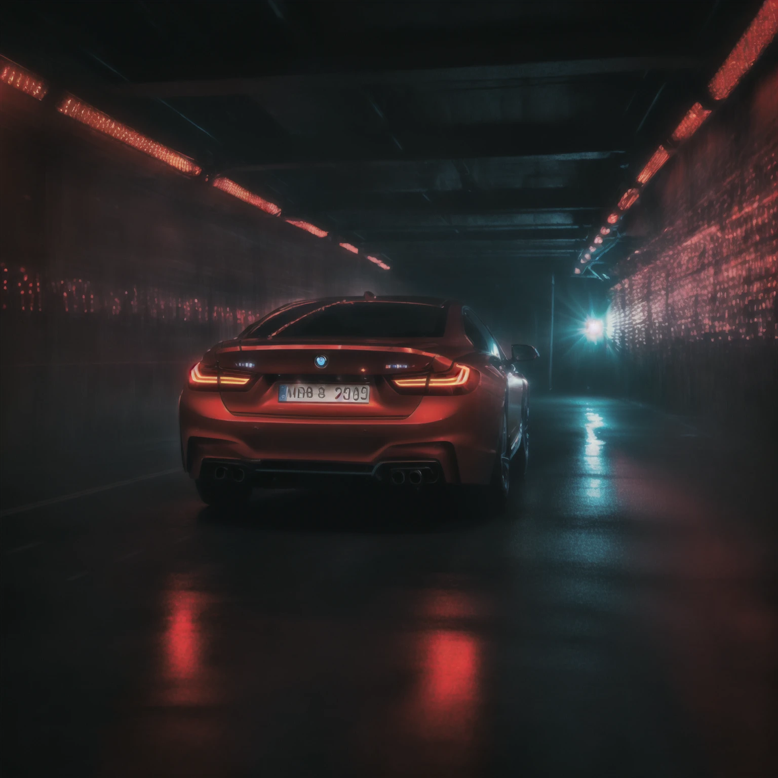 blurred image of a car in a dark tunnel with red lights, red and cinematic lighting, cinematic backlit lighting, dramatic lighting; 4K 8K, Cinematic red lighting, auto photography, with cinematic lighting, bmw, "hyper realistic", “hyper-realistic”, vibrant cinematic lighting, Backlit Cinematographic Lighting, cinematic lighting + work of art, cinematic front shot, cinematic contrasting lighting