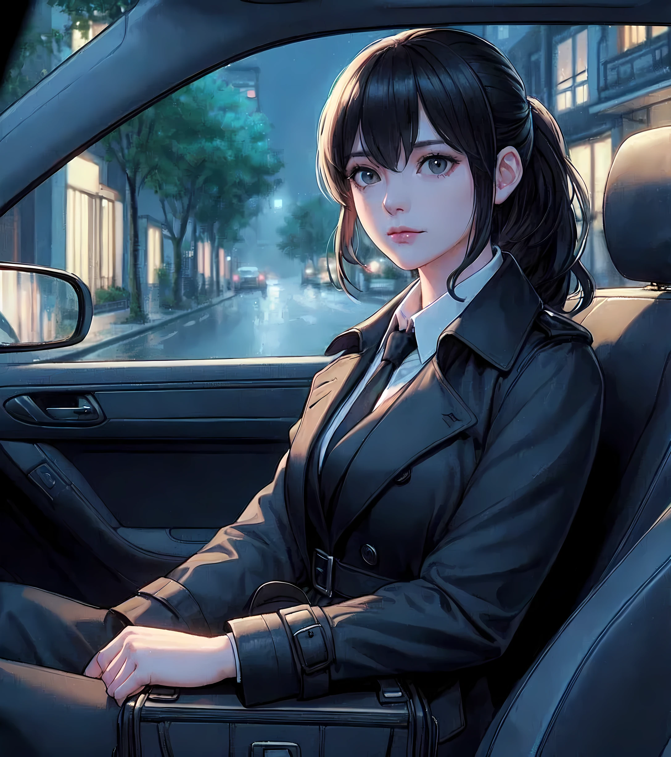 1lady sitting, from side, (sitting on car seat), female detective, police, (black trench coat) over business suit, (mature female:0.8), /(black hair/) bangs, (staring into the distance), (light smile:0.4), (facing away), (masterpiece best quality:1.2) delicate illustration ultra-detailed, large breasts, (quiet residential streer) outdoors, (in car), night, (parked car), detailed background
